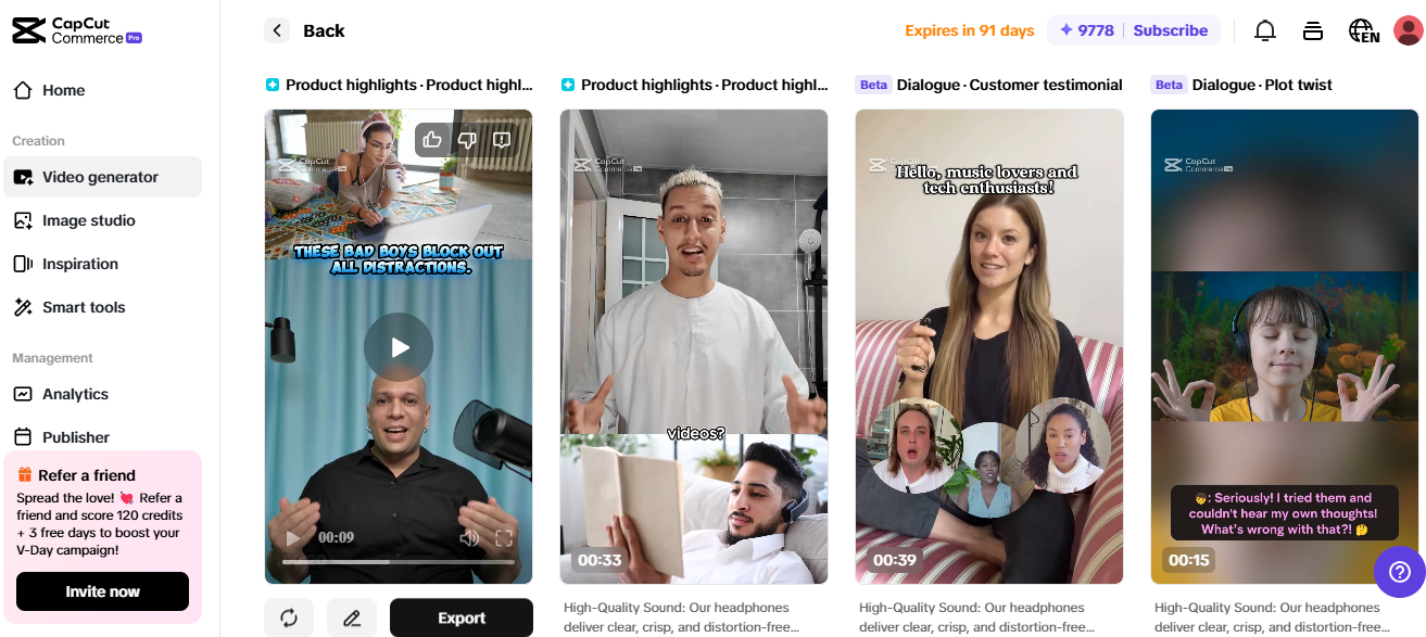 Pippit screen with videos for Amazon product listing optimization, featuring testimonials and highlights.